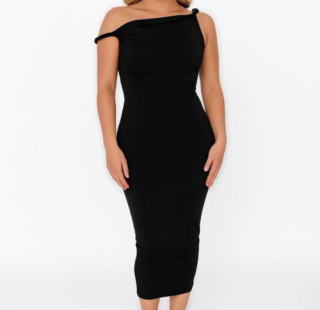 Black Twisted Strap Black Midi Dress