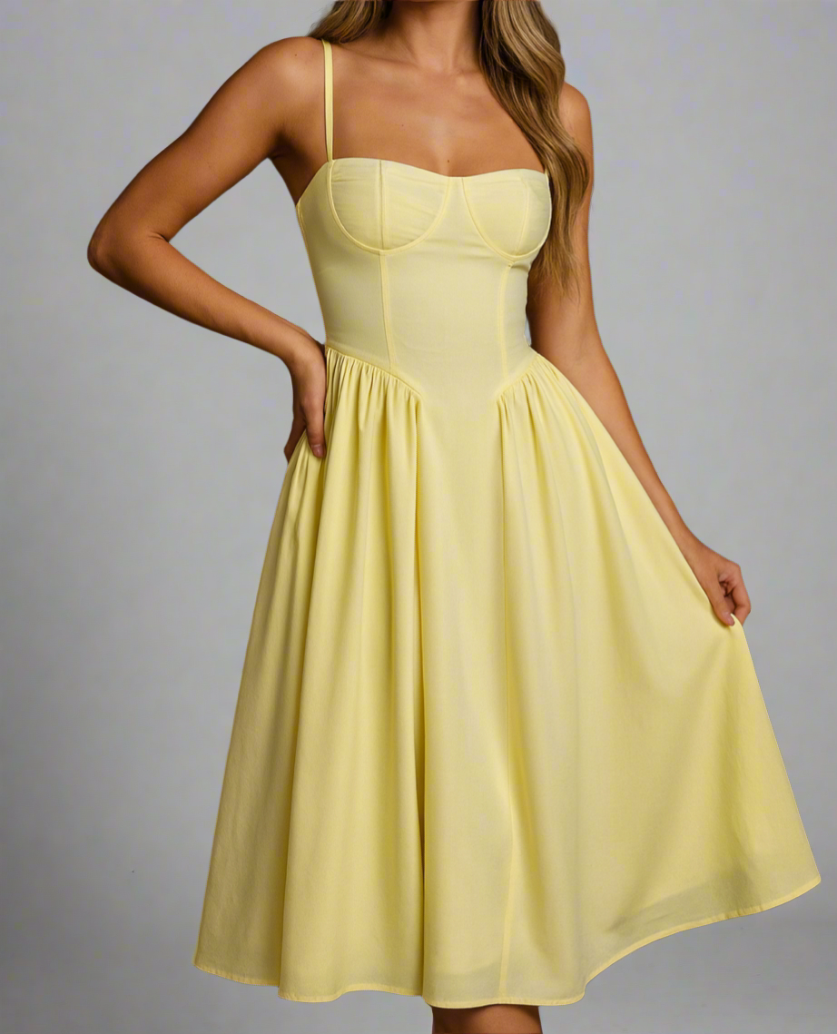 Yellow Pleated Flare Midi Dress